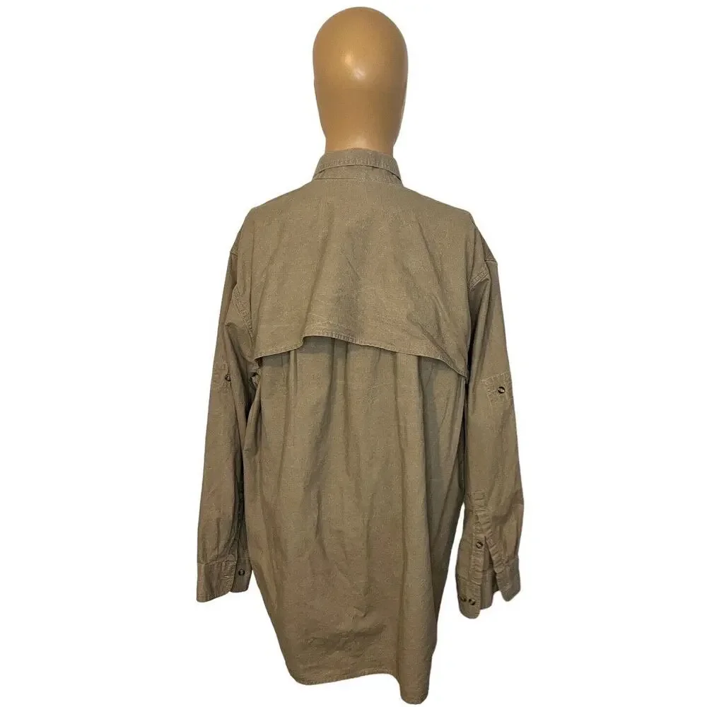 Vintage TAG Safari Travel Clothing Khaki Padded Shooting Long Sleeve Shirt SZ XL